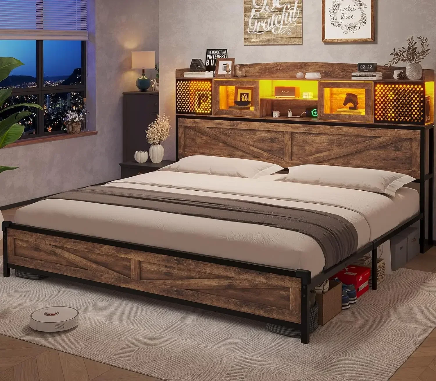 Farmhouse LED King Bed Frame with Storage Headboard & USB Ports & Charging Outlets