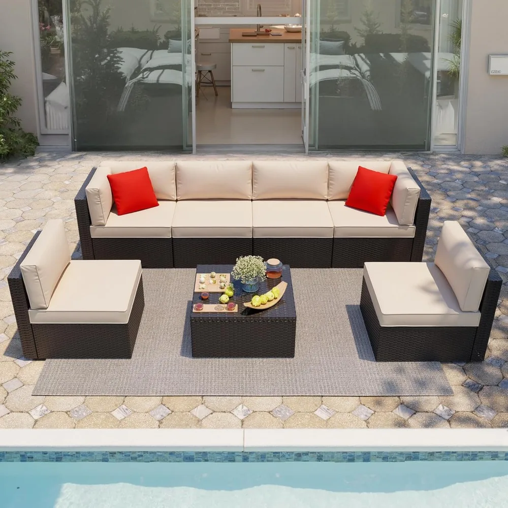

7 Pieces garden furniture set, PE Rattan Manual Weaving Patio Conversation Set with Glass Table&Ottoman Cushion and Pillows