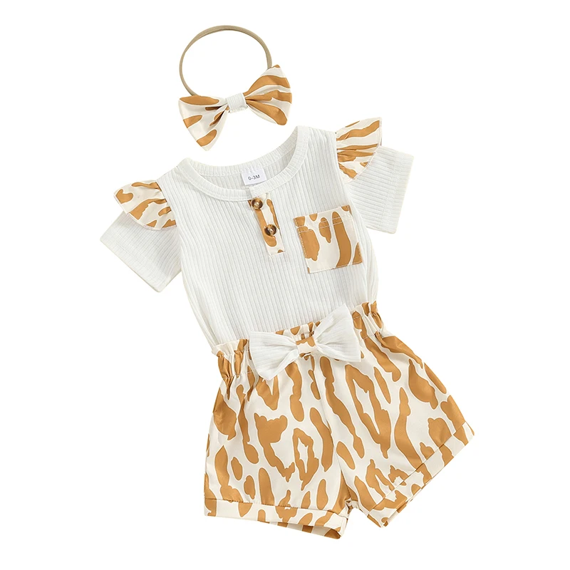 

Newborn Infant Baby Girl Summer Clothes Ruffle Short Sleeve Ribbed Romper Top Leopard Shorts Headband 3Pcs Cute Outfits Set