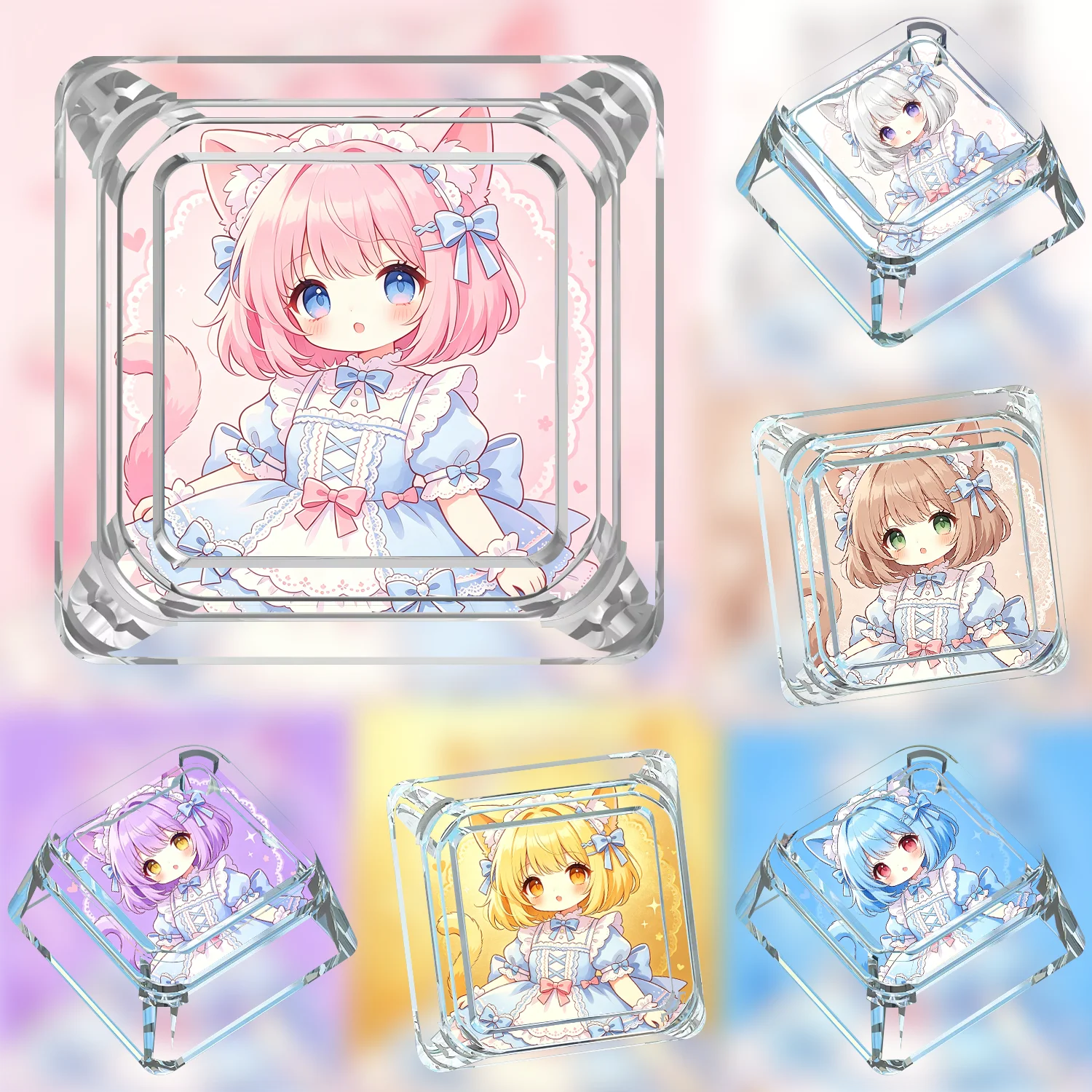 Creative craftsman style transparent single keycap, custom cartoon cute cat girl maid outfit mechanical keyboard keycap