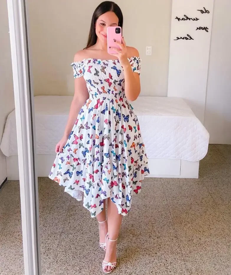 

Fashion One Line Neck Off Shoulder Short Sleeve Printed Dress,6 Colors