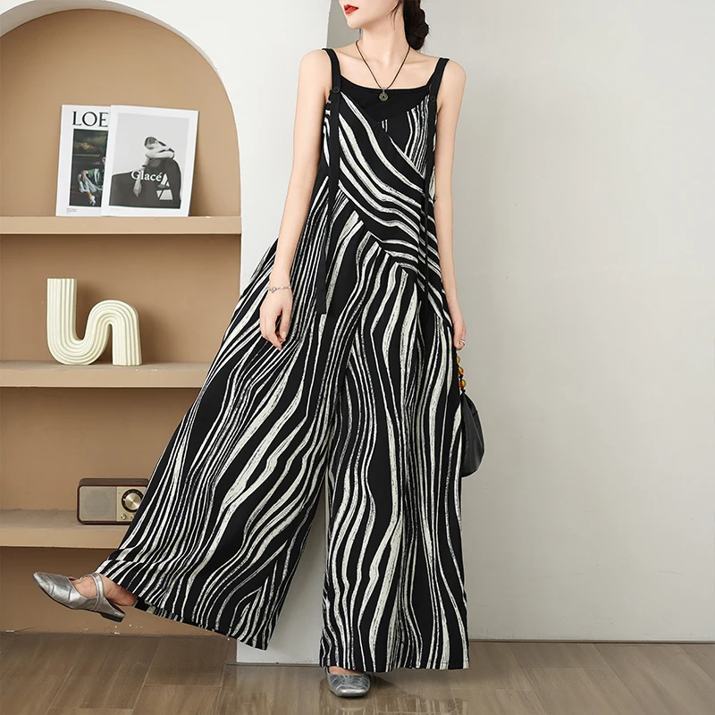 Retro Faionable Loose Thin Strap Rer Summer Wear High Waist Wide Leg Pants Long Pants High Waist All-Match Casual Pants