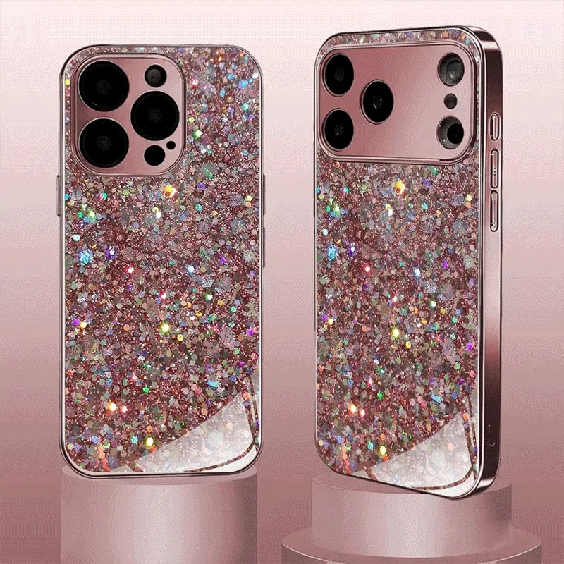 

Pink Glitter Pattern Metallic Tempered Glass Phone Case For iPhone 17 16 15 14 13 12 11 Pro Max 15 14 Plus 17 Air 16E Cover