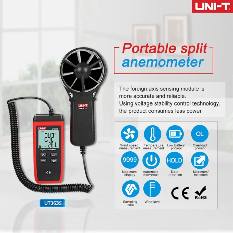 UNI-T-Digital Vento Sensor de Velocidade, Temperatura Tester, Instrumentos de Medição, UT363S, 0.4 ~ 30 m/s