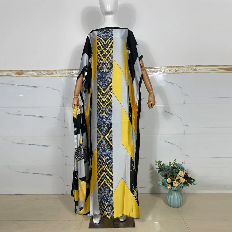 2023 silk kaftan Rayon Oversize African Women Clothing Dubai Dashiki Abaya Free Size Print Design With Scarf Loose Long Dress