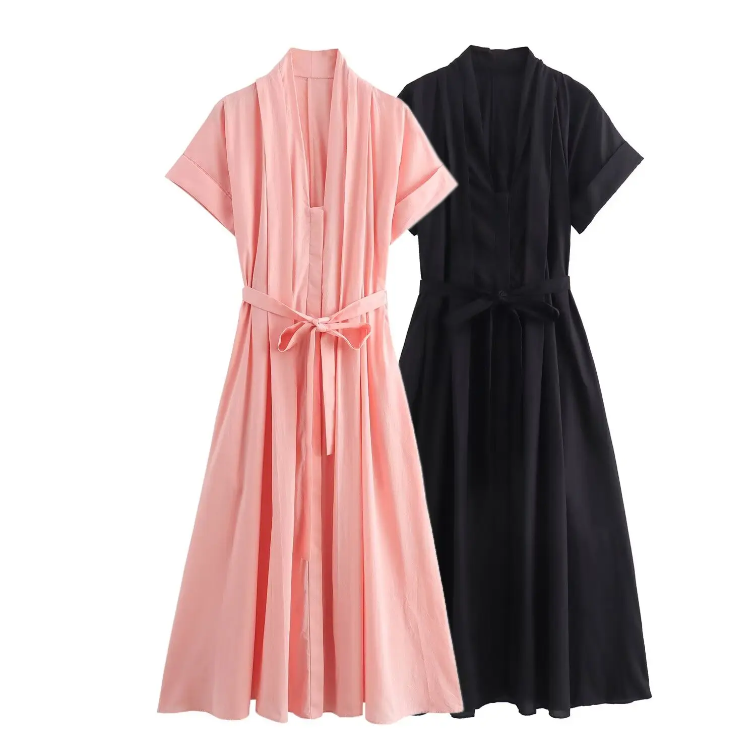 Tangada 2024 Summer Women Solid Pink Pleated Dress With Belt Short Sleeve Ladies Cotton Midi Dress 6X0395