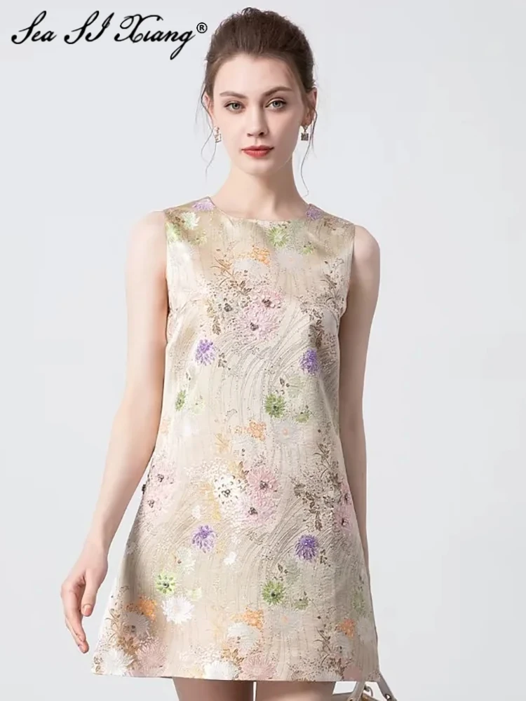 

Seasixiang Fashion Designer Summer Jacquard Tank Dress Women's O-Neck Sleeveless Crystal Diamonds Vintage Mini Dresses