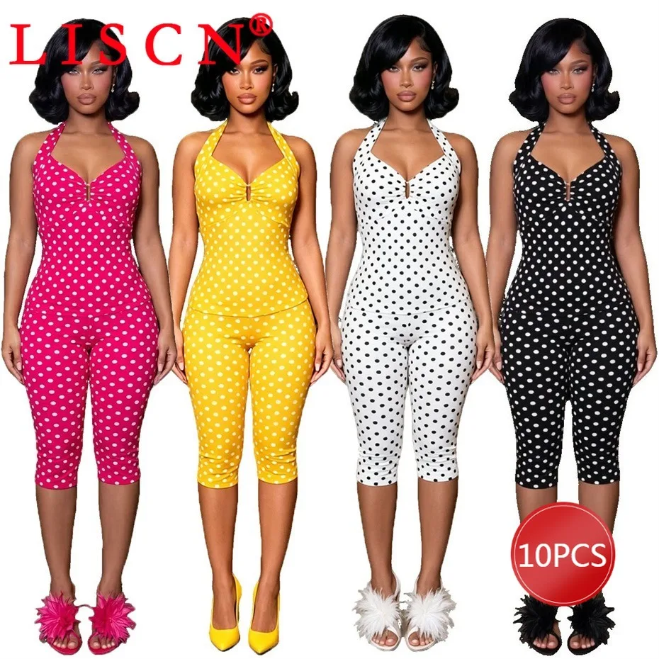 10 Wholesale Lots Tracksuits Summer 2026 Sexy Y2k Two Piece Set Womens Outfits Dot Print Halter Top + Knee Length Pants K16827