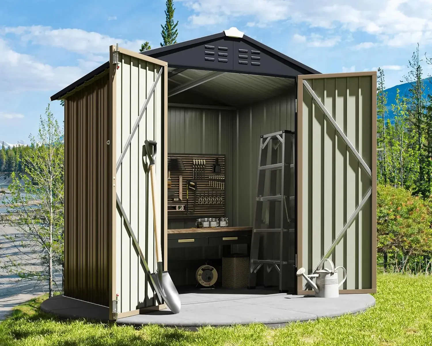 Outdoor Storage Shed 6 x 4 ft. Utility Tool Shed Metal Storage Garden Shed with Door & Lock for Patio Storage, Brown