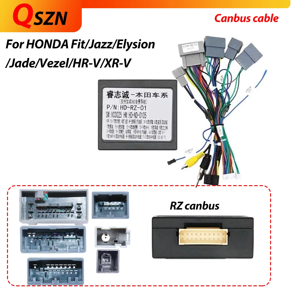 QSZN Car Radio Canbus Box Decoder HD-RZ-01 For Honda Jazz Jade HRV XRV Fit Harness Wiring Cable 16PIN Wiring Harness Power Cable