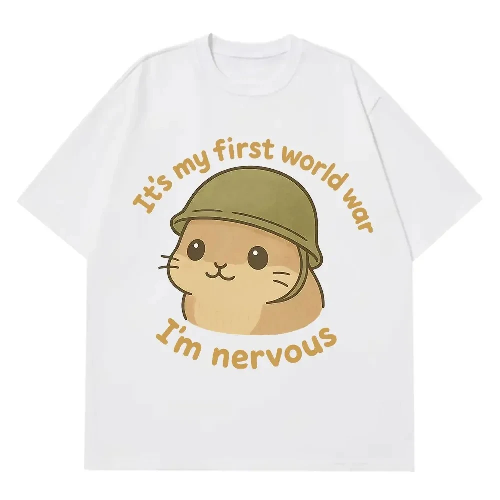 انها حرب العالم الأولى أنا عصبي مطبوعة لطيف الإبداعية الهامستر طباعة الصيف المرأة قصيرة الأكمام الجولة الرقبة ملابس كاجوال