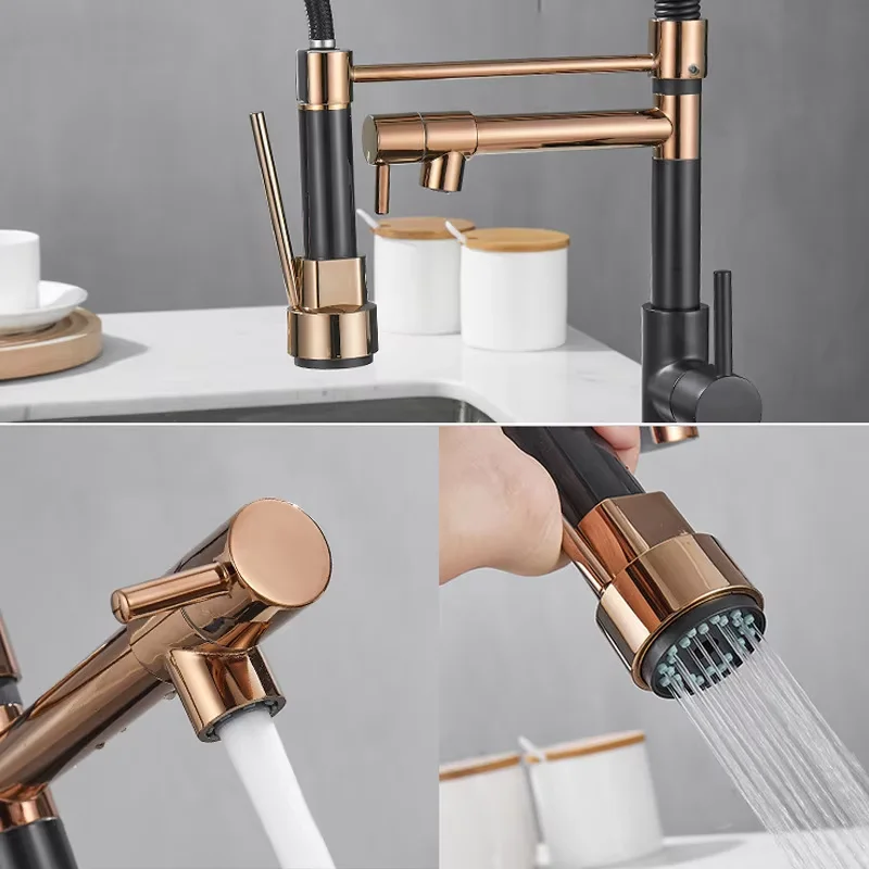Rose Gold Hot and Cold Black 360 Rotation Spring Pull Down Stainless Steel Kitchen Faucet High Quality Pull the Faucet
