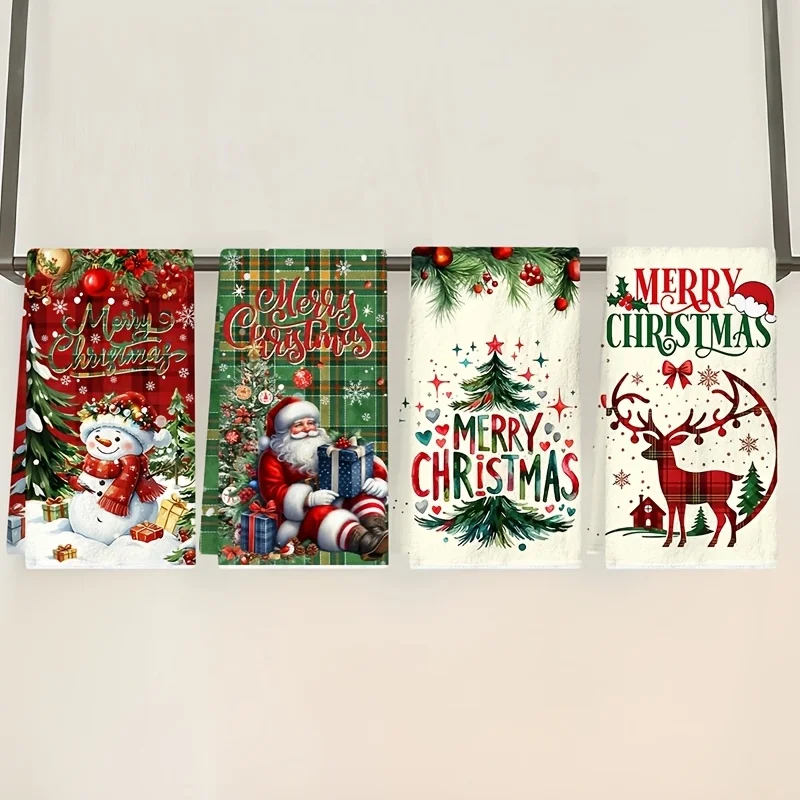 Pack of 4, Merry Christmas Kitchen Towel, Santa Deer Xmas Tree Dish Towel