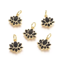 Pandahall 5Pcs Lotus Brass Micro Pave Cubic Zirconia Pendants Metal Charms With Jump Rings For Necklace Bracelet Jewelry Making