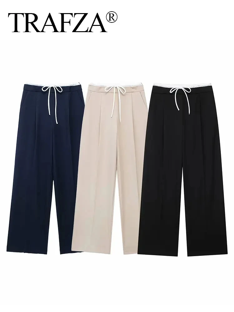 TRAFZA Women Casual Splicing Long Pant Fashion Solid Drawstring Loose Trousers Female New Elegant High Waist Straight Leg Pants