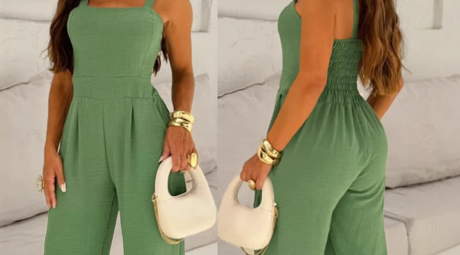 Damen-Overall mit quadratischem Ausschnitt, Spaghettiträger hinten, geraffter Cinch-Taille, weites Bein, eleganter Overall