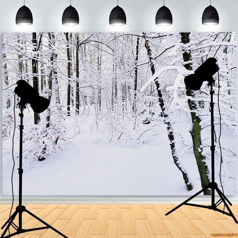 قطرات خلفية للتصوير الفوتوغرافي للغابات الشتوية ، طريق مغطى بالثلوج ، ندف الثلج ، أشجار التنوب ، خلفية الصورة ،
