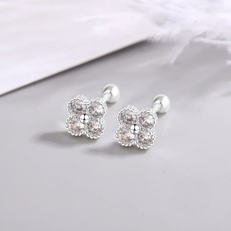 

925 Sterling Silver Four Round Zircon Small Piercing Stud Earrings For Women Luxury Elegant Fine Jewelry Accessories Jewellery