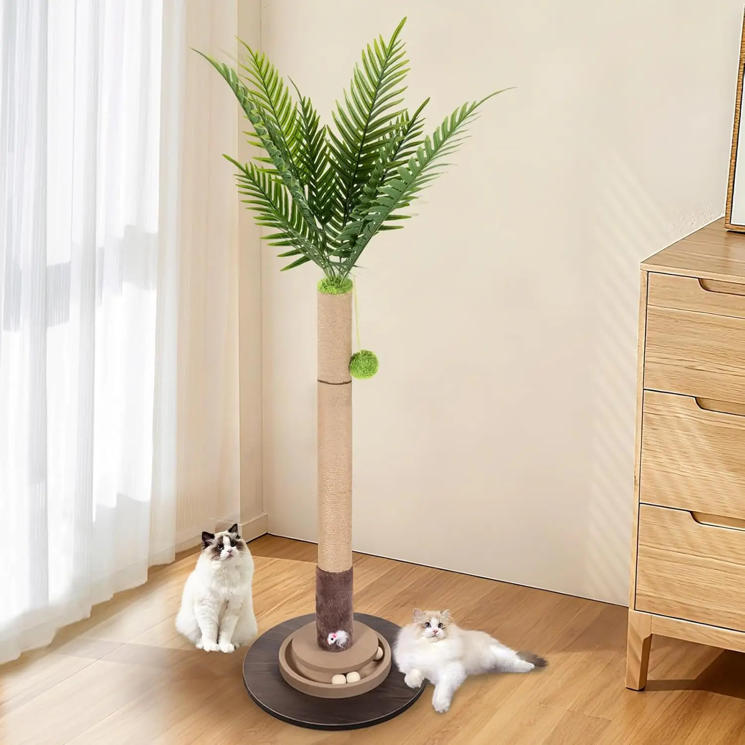 

Cat Scratching Post, 35 Inch Tall Cat Scratcher Cat Tree Tower with Hanging Ball for Indoor Cats Adults,Areca Palm,Sisal