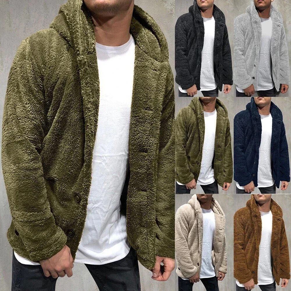 Autumn Winter Men's Plush Hooded Coat Solid Color Long Sleeve Single-breasted Warm Cardigan Coat Fashion Trend Men's Wear