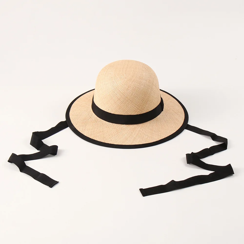 Women High Quality Round Top Straw Hat with Tie Elegant Sun Beach Protection Cap