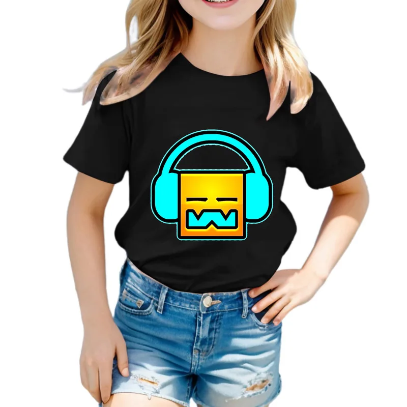 

Детская футболка Geometry Dash с мультяшным принтом, футболка с короткими рукавами для мальчиков и девочек, креативная детская футболка Dash, летние топы с круглым вырезом