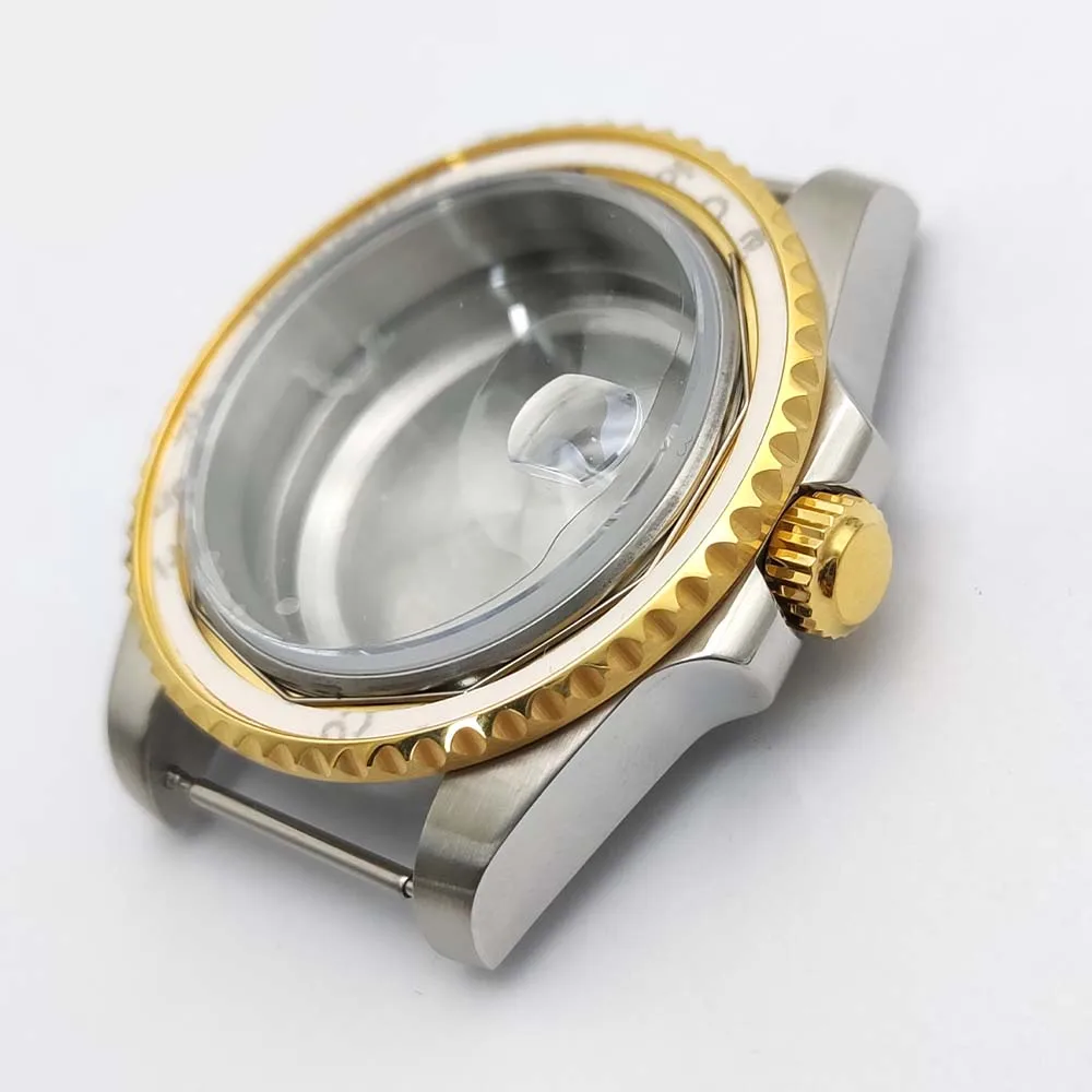 40 mm men's case Sapphire glass for NH35 movement Men's water-resistant case Gold and silver combination case 120 clicks