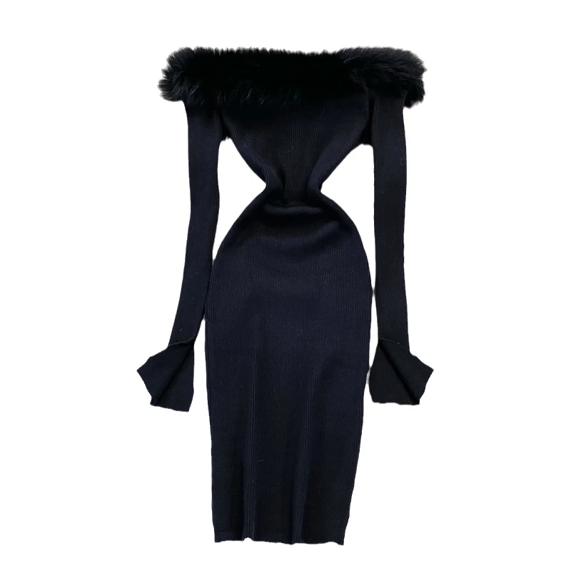 Autumn and Winter Fashion New Style Sexy One Shoulder Hairy Neck Dress Tight and Skinny Knitted Bottom Dress