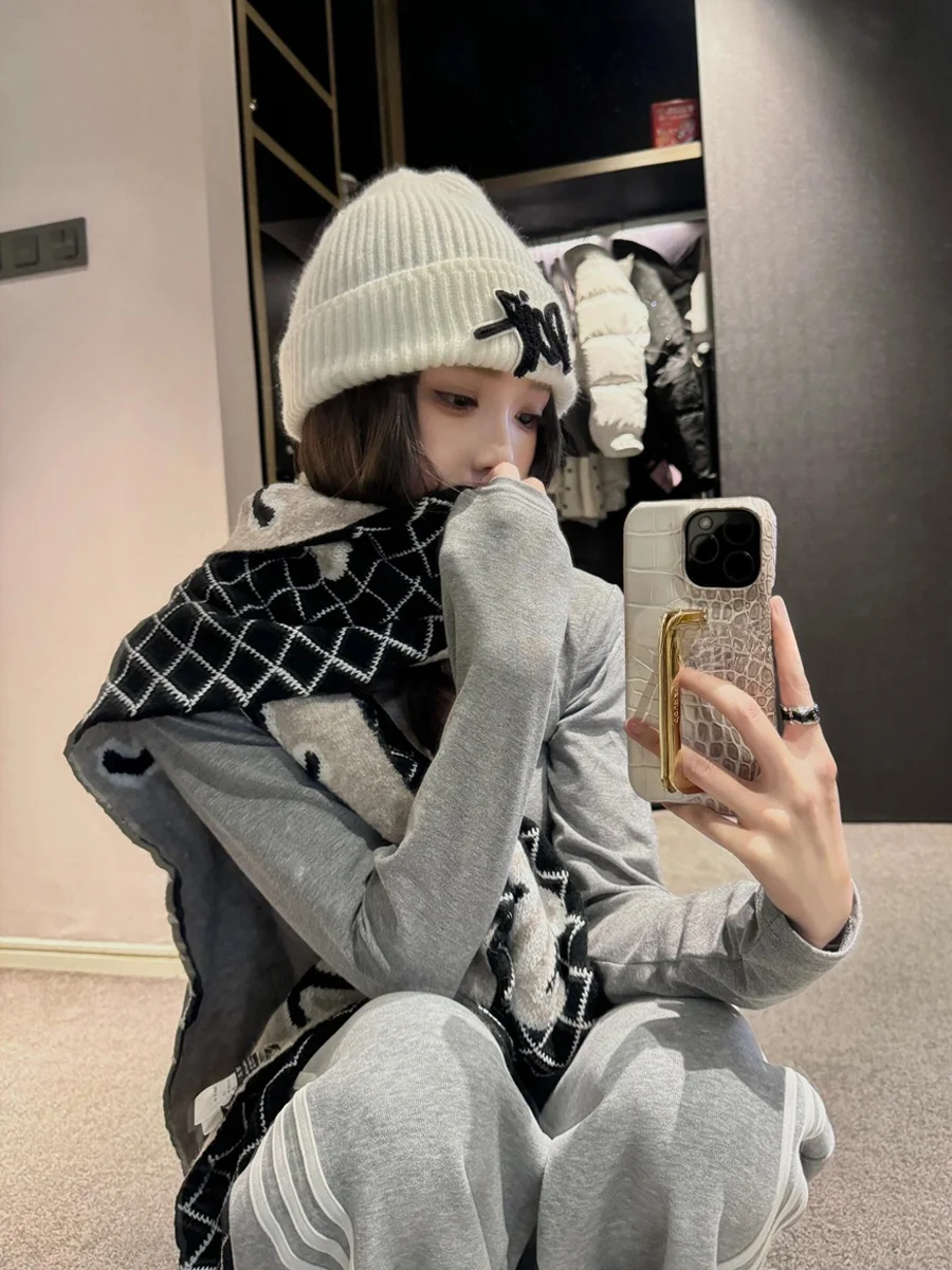 Bufanda De Lana Doble Cara Con Letras Clásica Para Mujer Cálida Bufanda De Cashmere Estilo Coreano De Invierno Rectangular