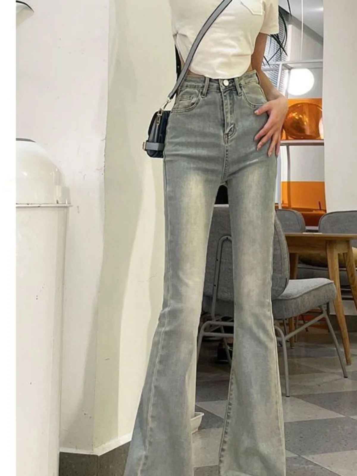 High Waisell Bot Denim Hose für Damen Distred Bootcut Leg Design Slim Fitelastic Fabric Straight Leg Hose Länge...