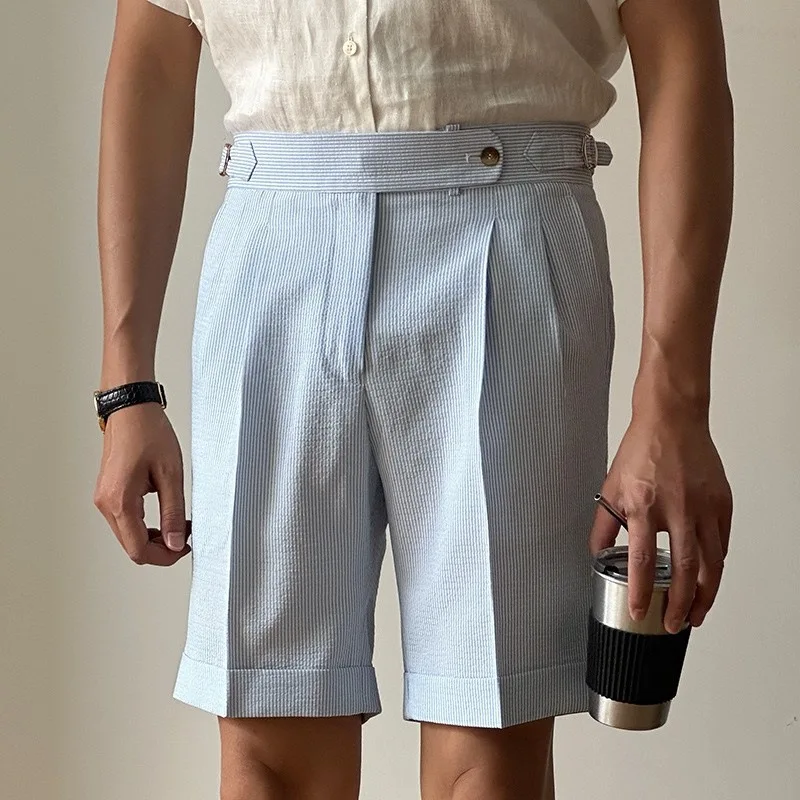 

Summer New Fashion Men's Casual Trendy Simple Basic Daily Loose Blue Striped Straight Knee Length Shorts Male English Clothes