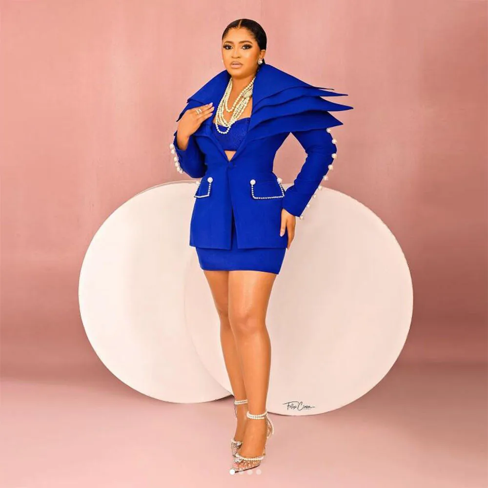 Setelan rok desain terbaru pakaian tuksedo wanita Royal Blue Blazer Lapel timbul khusus gaun ibu modis wanita pesta Formal