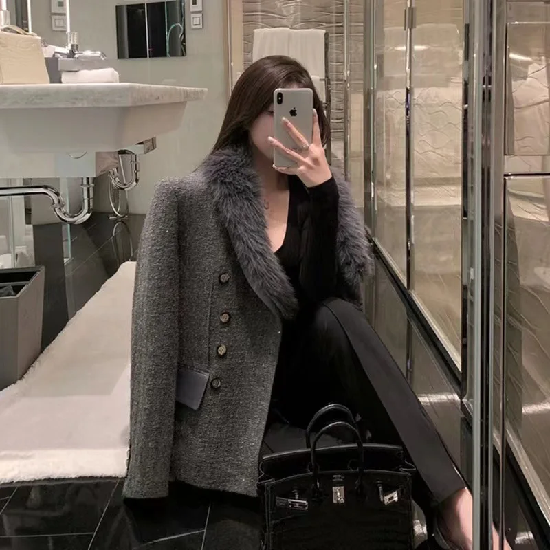 

White Grey Double Breasted Imitation Fox Wool Collar Woolen Ccotton Blazer Women's Winter Tweed Suit Coat
