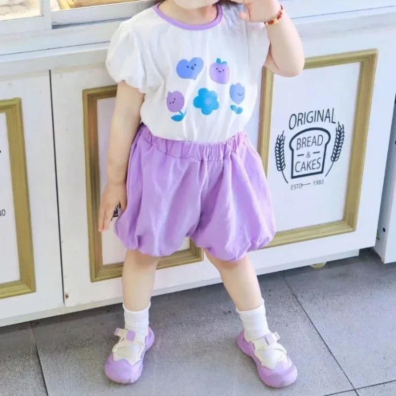 Girls Summer Set 2024 New Baby Girl Purple Shorts +Top Girl T-shirt Two-Piece Suit