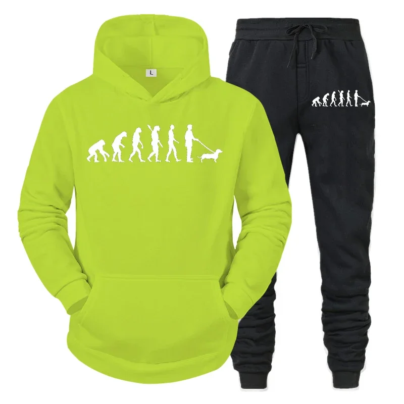 Dachshund Evolution Hoodies Men Fashion Evolutionism Long Sleeve Sweatshirts+Pant 2Pc Sets Unisex Casual Harajuku Hooded Outfit