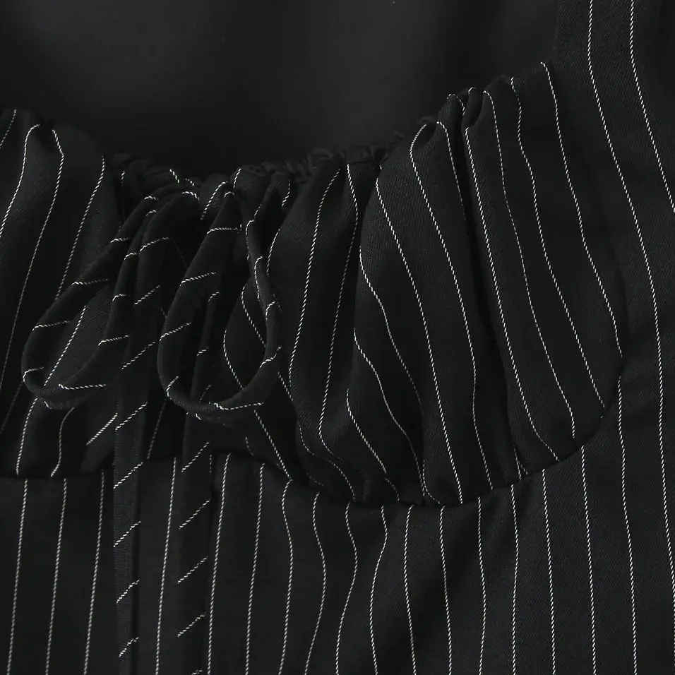 2025 Black Striped Bow Ruched Chest Hook Buttons Crop Top Women Low Waist Package Hips Pleated Mini Skirt Suits 2 pieces 1 Set