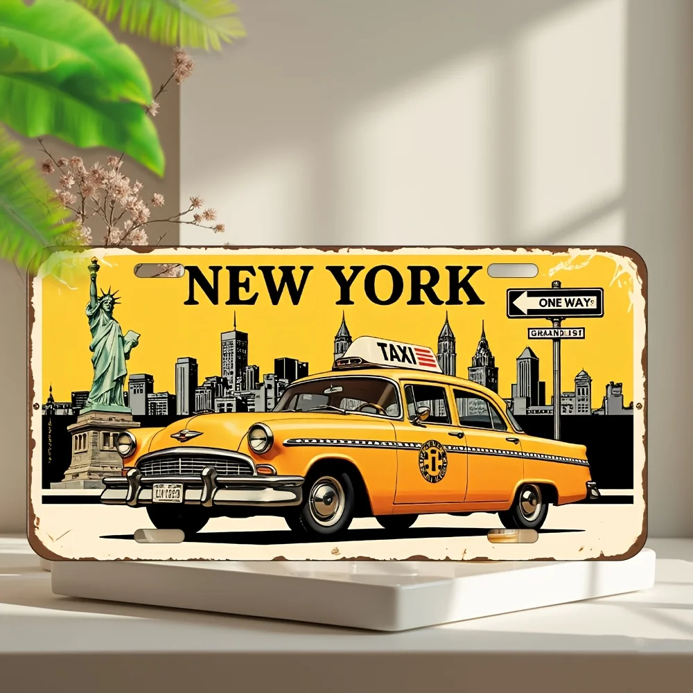 Marco de Matrícula de Taxi de Nueva York Vintage en 2D, 1 Pieza, Taxi de Nueva York Vintage, Estructura Resistente, Decoración para Garaje, Bar