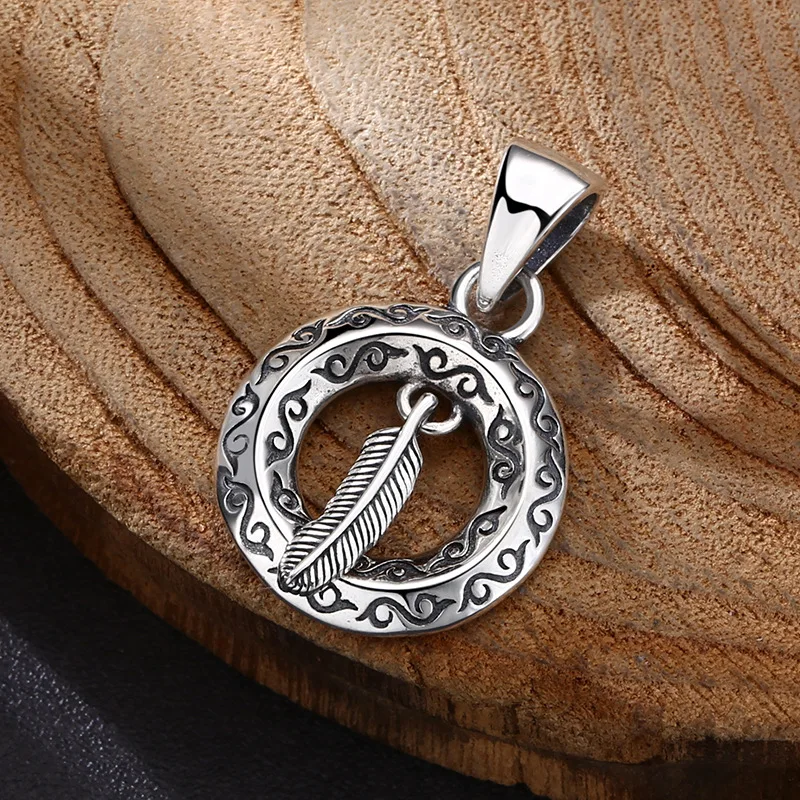 

S925 Sterling Silver Feather Pendant Black Color Old Process Round Design Unisex Jewelry FYNE355