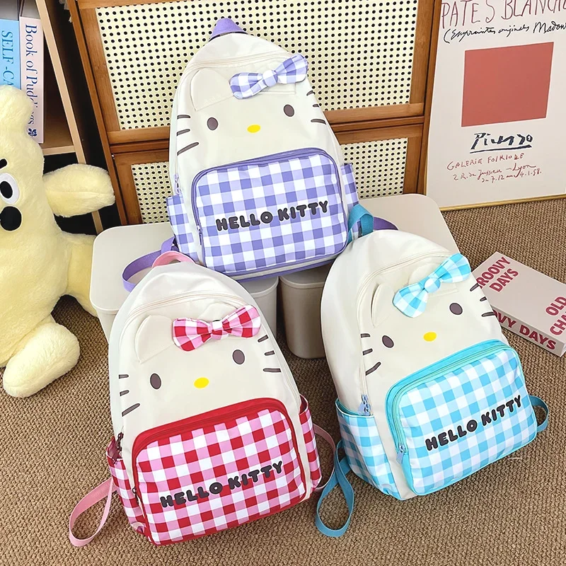 Sanrio Hello Kitty cute and sweet student schoolbag cartoon contrasting color plaid light travel large capacity backpack