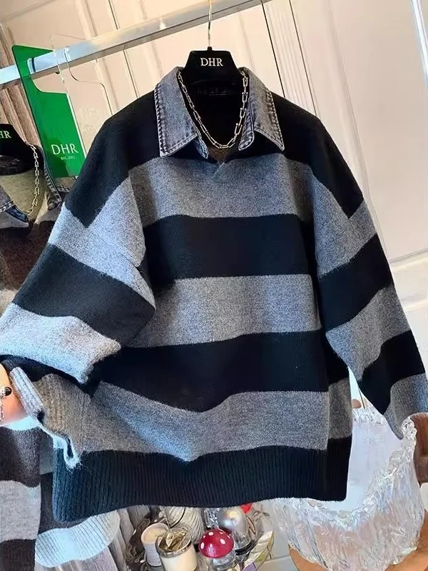 

Мужской свитер большого размера с воротником и полосатым узором, в стиле пэчворк, повседневный, осенне-зимний, теплый, удобный, дышащий