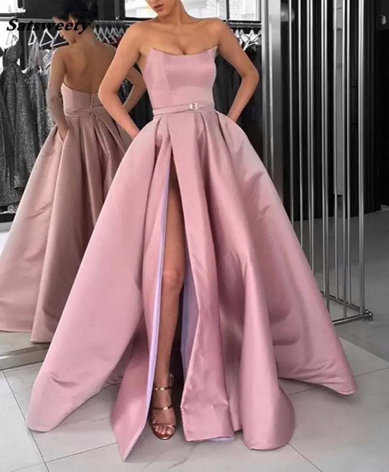 

Blush Pink Prom Dresses with Pockets Side Slit Strapless Satin Elegant Long Evening Party Gowns Wine Red Women Formal Dress