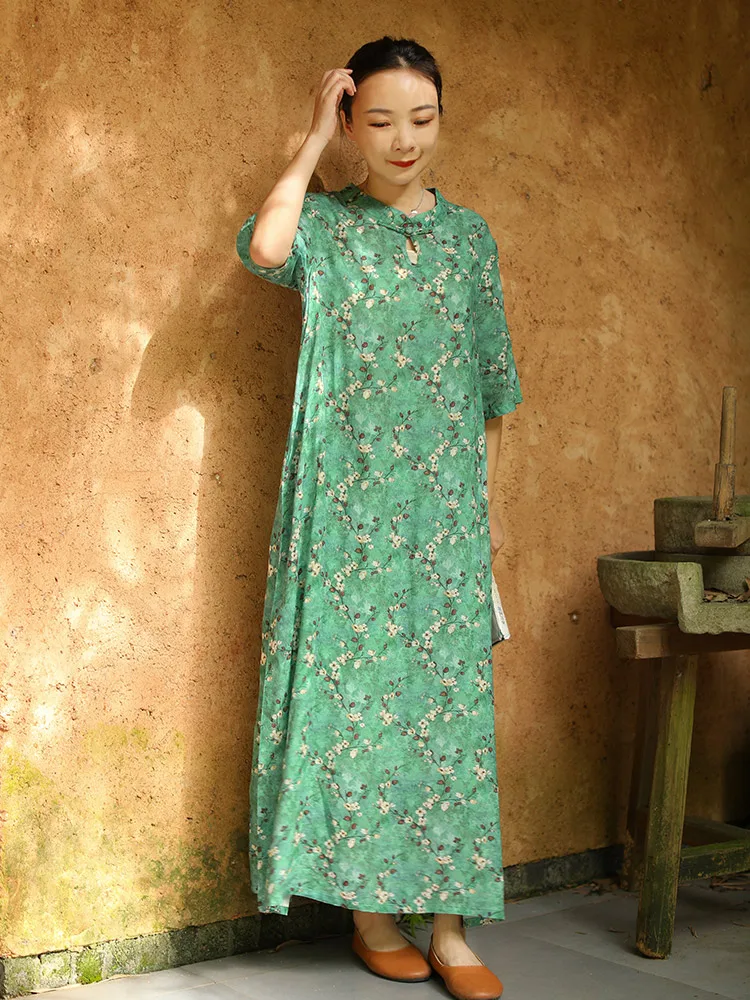 

Retro Artistic Ethnic Sle Women's Dr een Floral Thin Slimming New Chinese Summer ort Sve Long Dr Cotton Linen ...