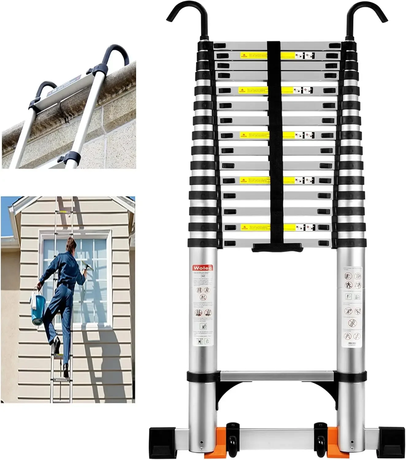 Ladder, 20.3FT Aluminum Portable Extension Ladder w/Hooks, Stabilizers& Wheels, Heavy Duty 330lbs Max Capacity, Coll