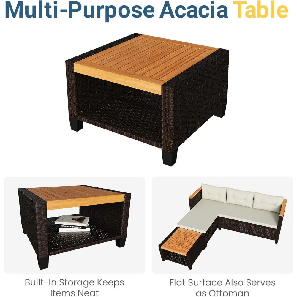 Conjunto de móveis para pátio externo de vime PE para todos os climas, sofá em forma de L de 3 peças com mesa de armazenamento