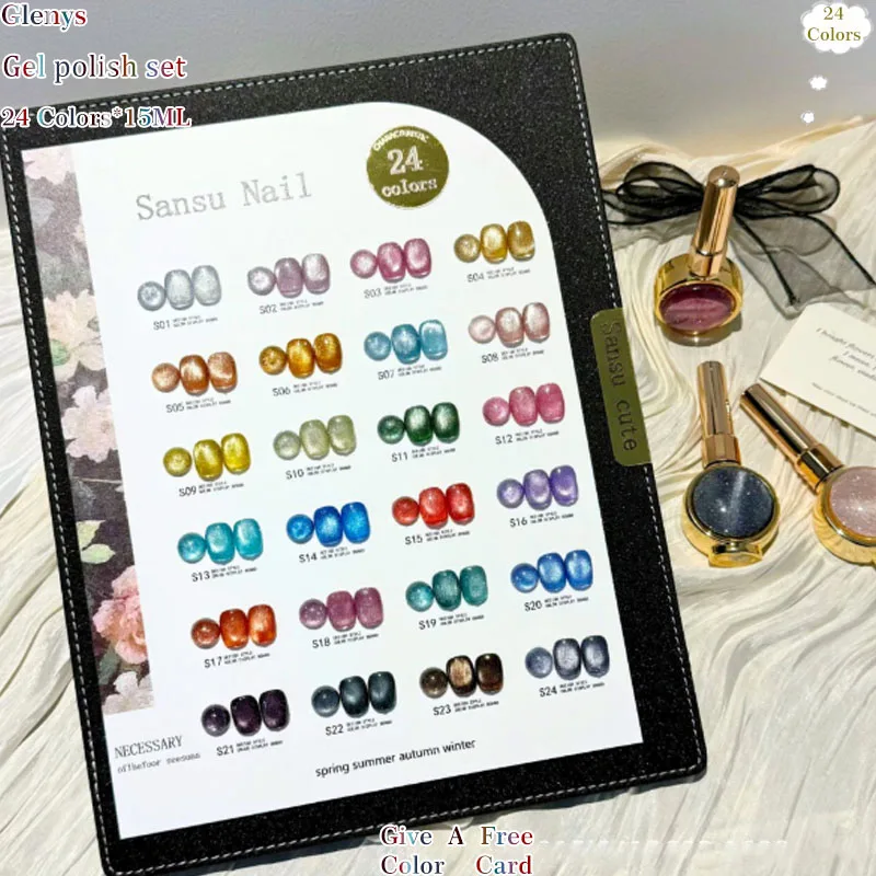 Glenys 24 color cat's eye nail polish gel net red popular broken diamond immersion gel color matching card varnish set 15ml