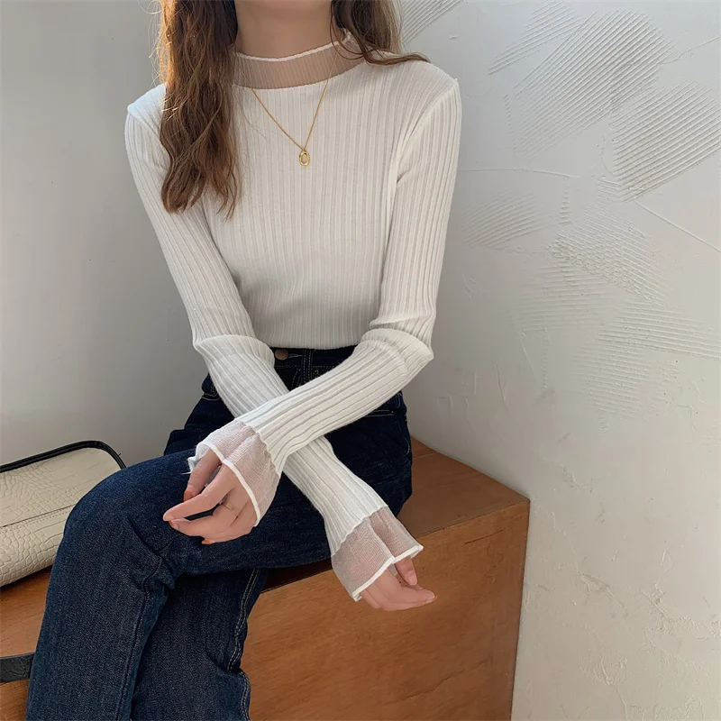 Seoulish Spring Half Turtleneck Knitted Women\'s Sweaters 2023 New Mesh Patchwork Long Sleeve Bottoming Sweater Female Slim Tops