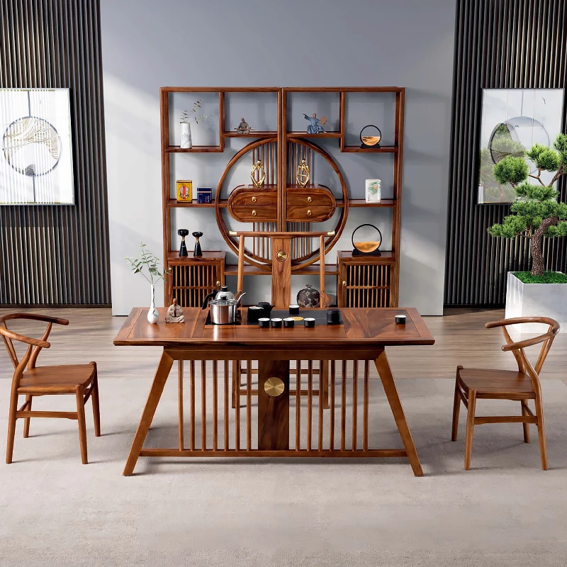 New Chinese style tea  and chair combination solid wood office coffee table table tea set one  and five chairs