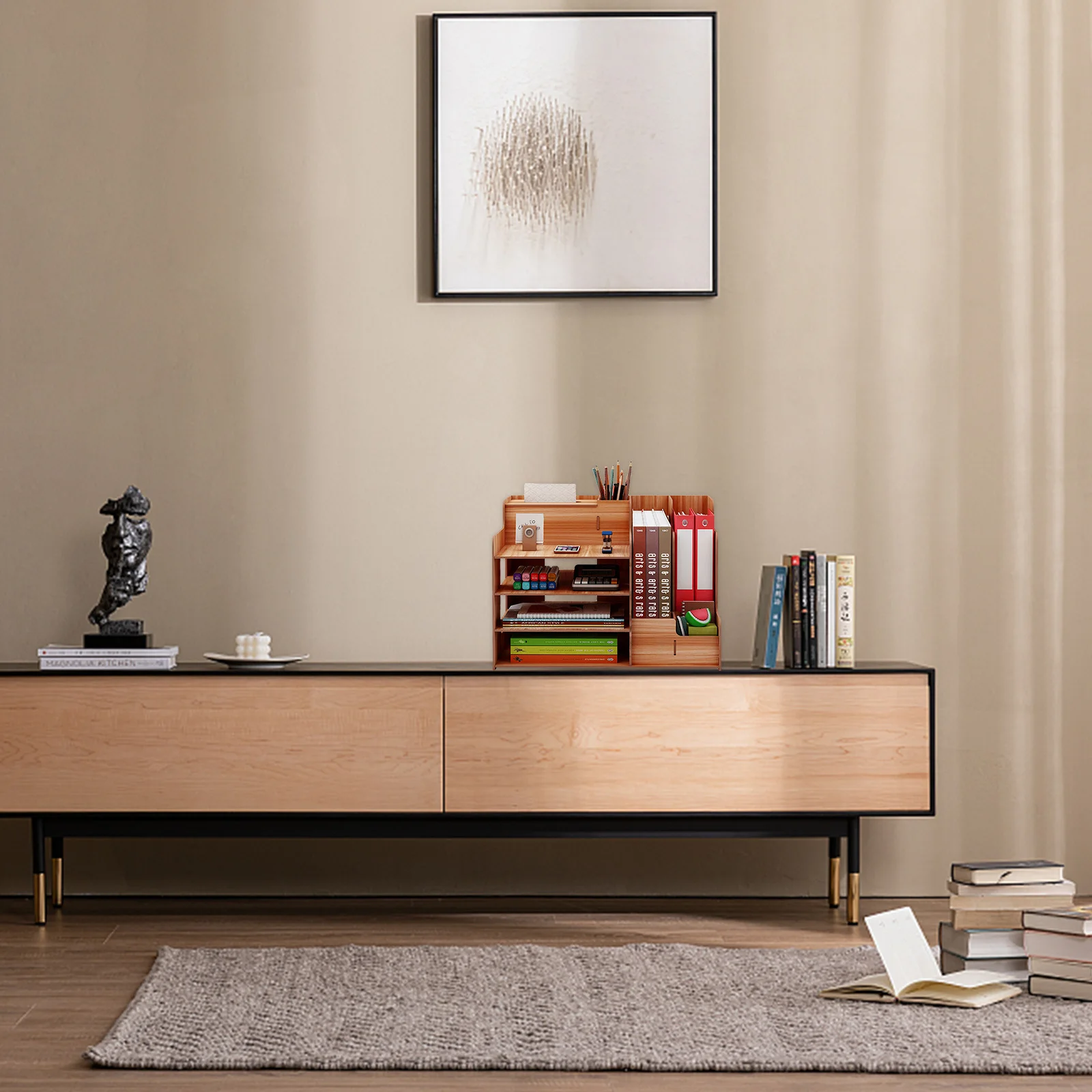 

1pc Cherry Wood Desktop Storage Rack Compact Wooden Organizer For Bedroom Dorm Living Room Tabletop Shelf Book Stationery Holder