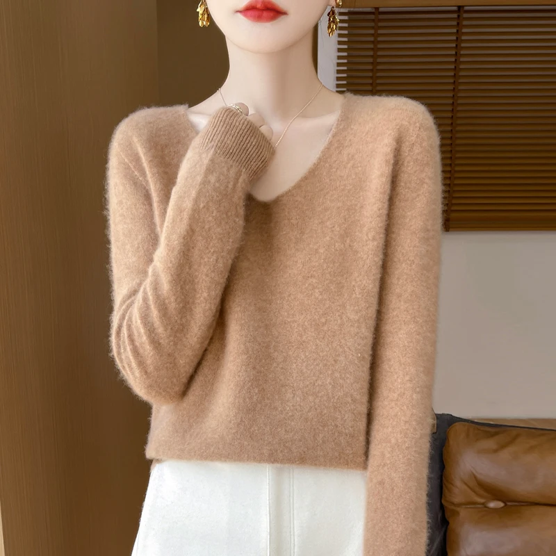 Women 100% Merino Wool Sweater V-Neck Basic Pullover Autumn Winter Cashmere Clothing Long Sleeve Soft Knitwear Tops Solid Color