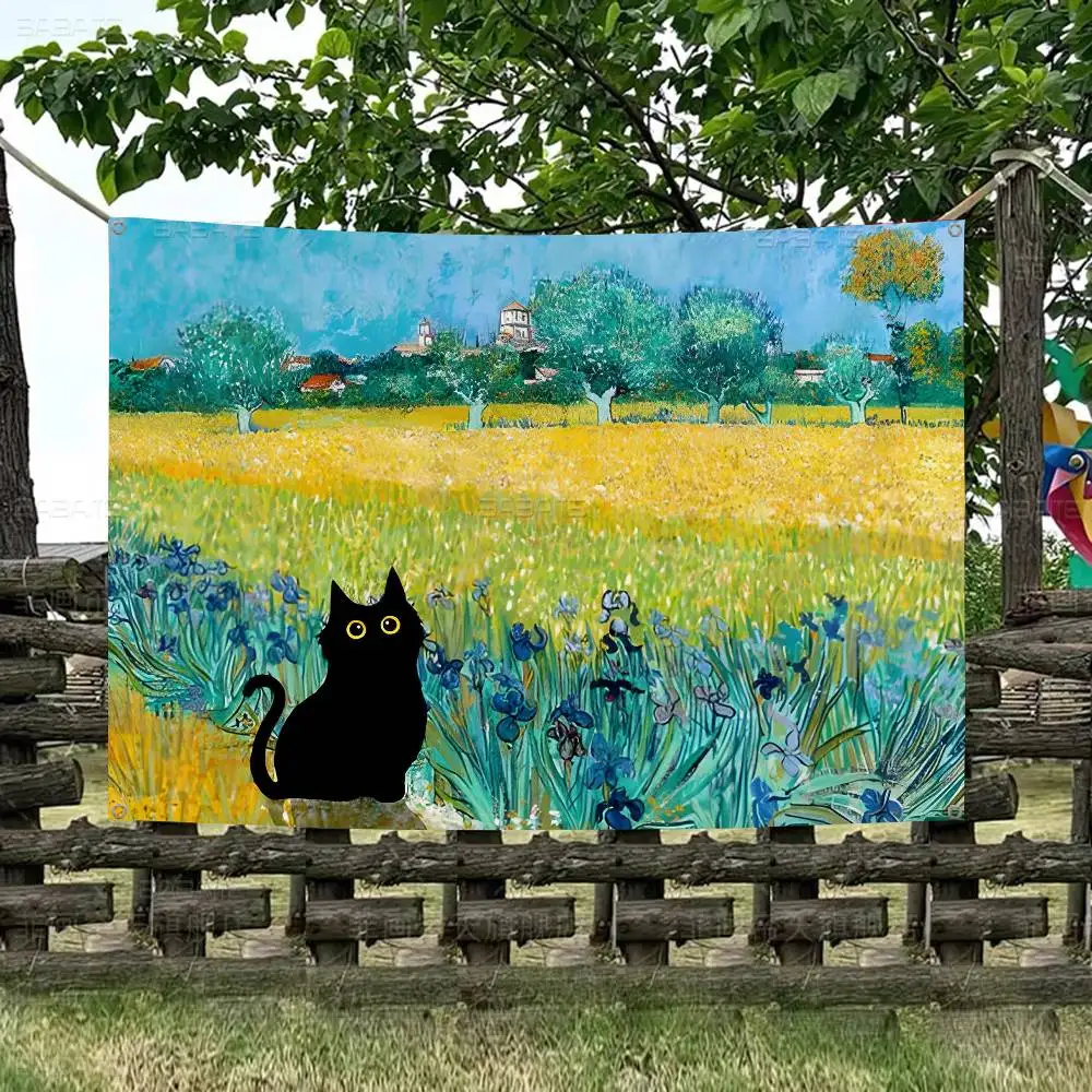 Van Gogh Funny black cat Retro Flags Multiple Choice Living Studio Booth Interior Decoration Banner